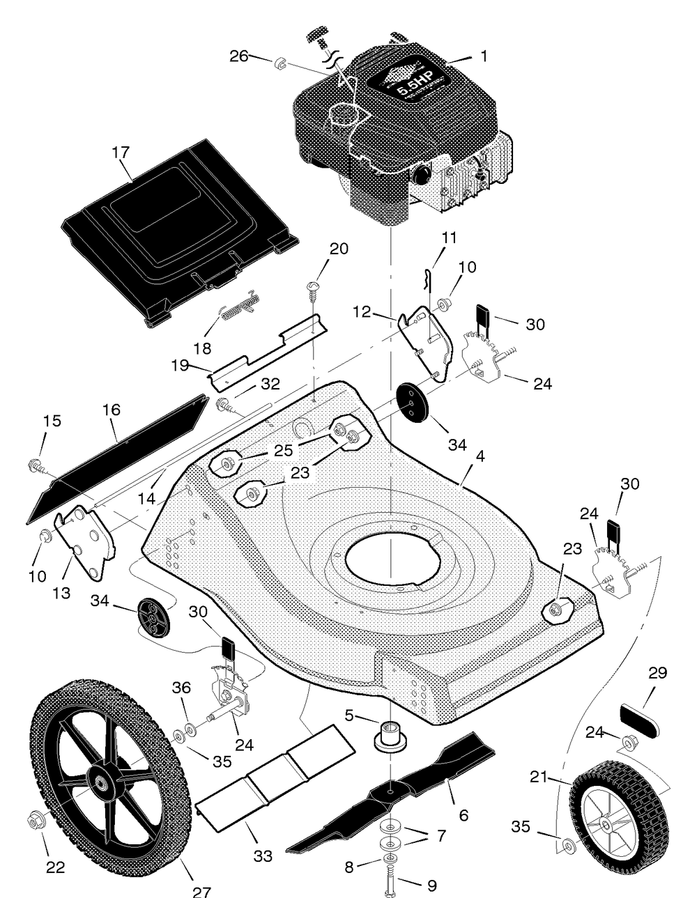 Mower Housing Assembly Diagram and Parts List for 21696X62A 1996 Briggs and Stratton Lawn Mower